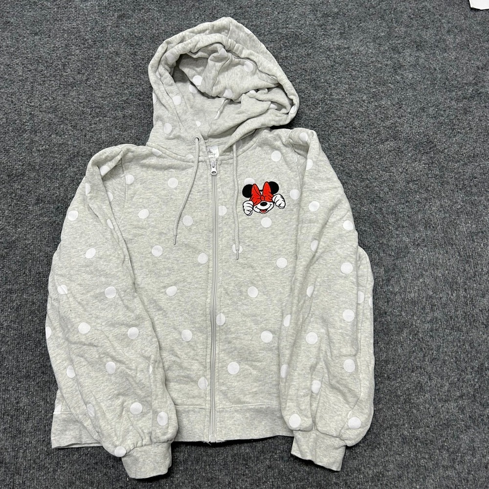 Disney Hoodie Womens Size S Gray Polka Dot Minnie Mouse Full Zip Sweatshirt